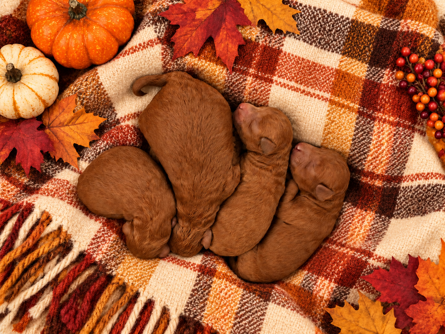 Iris Toy Poodles Fall Litter newborn photo with four red toy poodle puppies on a plaid blanket